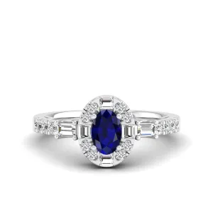 Oval Sapphire with Halo Round and Baguette Diamond Ring